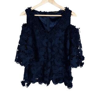 Kobi Halperin Lace Top XS Navy Boho Chic Feminine Cold Shoulder Dressy Top